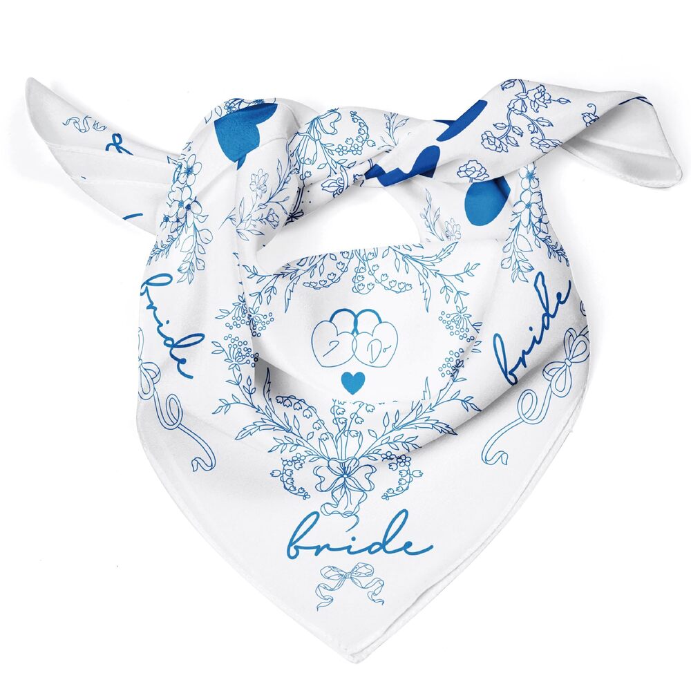 9103 Silk-Like Bride Head Scarf Blue Flower Print with Bride Logo Wedding